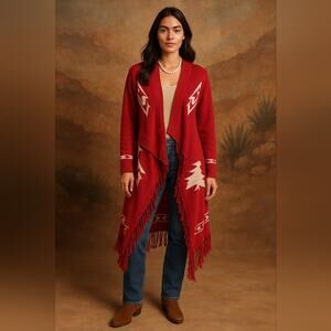 Deja Vu Red Aztec Fringe Metallic Long Duster Length Cardigan sz L